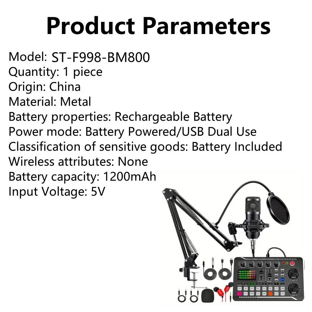 Podcast Equipment Bundle (1 Set), Usb-Rechargeable Podcast Microphone with Voice Changer, Live Audio Mixer and Adjustable Condenser Mic, Recording Studio Package with USB Audio Interface and Headphones, Singing Mic
