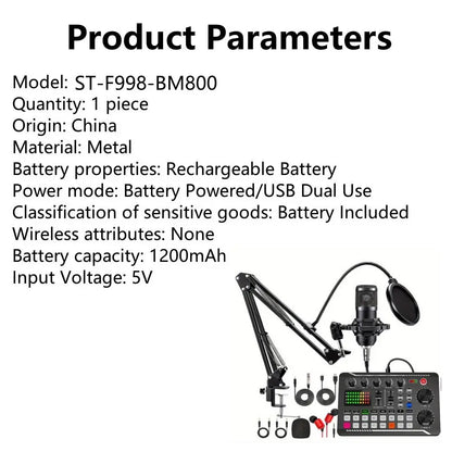Podcast Equipment Bundle (1 Set), Usb-Rechargeable Podcast Microphone with Voice Changer, Live Audio Mixer and Adjustable Condenser Mic, Recording Studio Package with USB Audio Interface and Headphones, Singing Mic