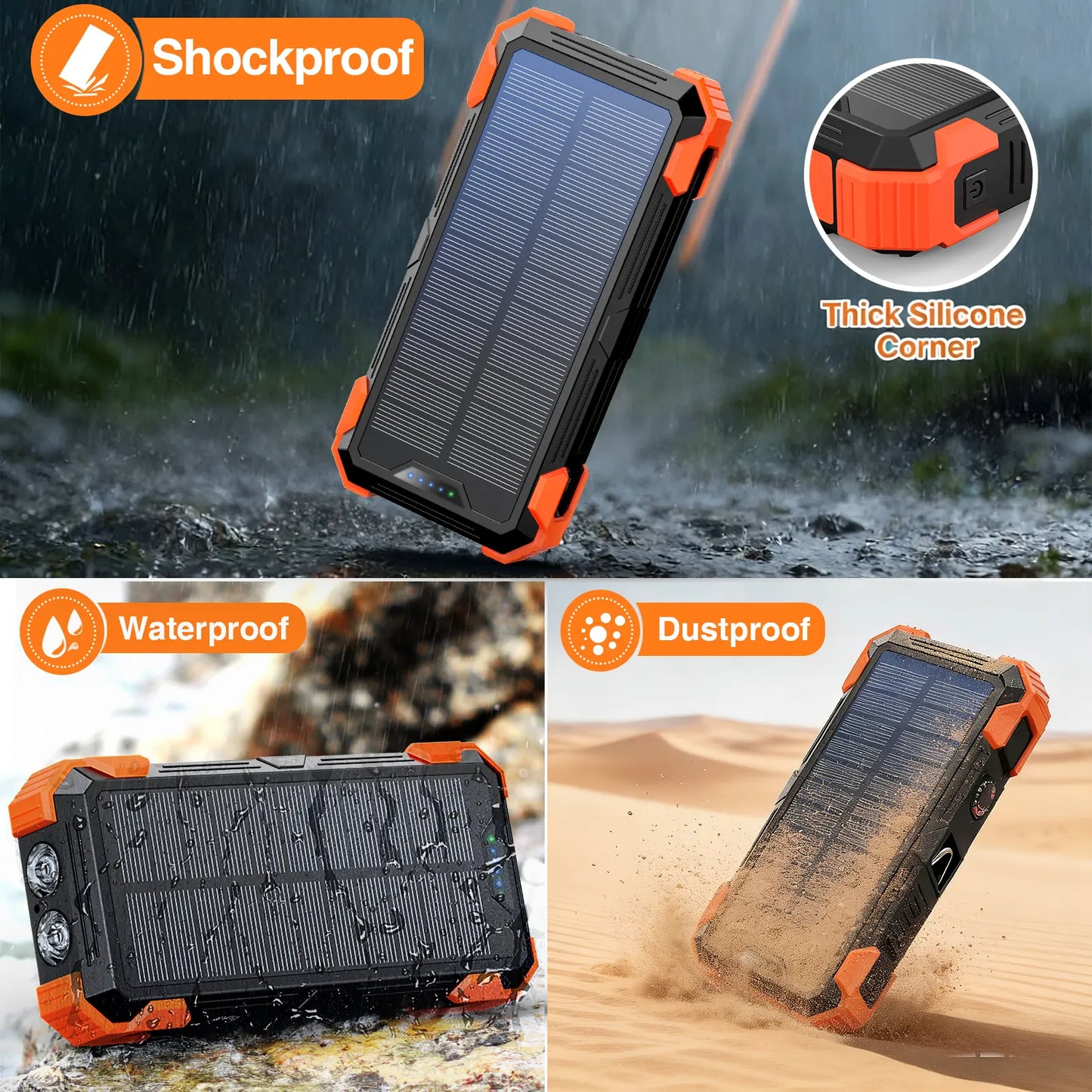 Sudrov 42800mAh Solar Power Bank with Wireless Charging, Integrated Cables, Multiple Outputs, Fast Charging, Dual Flashlights, Carabiner, and Thermometer