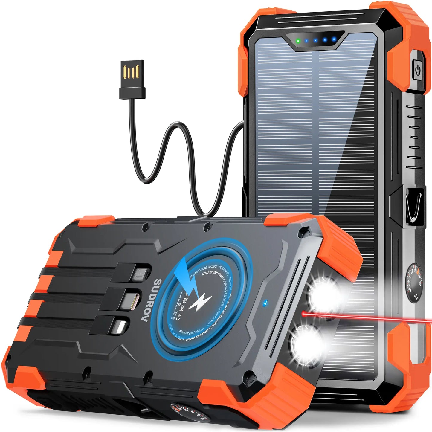 Sudrov 42800mAh Solar Power Bank with Wireless Charging, Integrated Cables, Multiple Outputs, Fast Charging, Dual Flashlights, Carabiner, and Thermometer