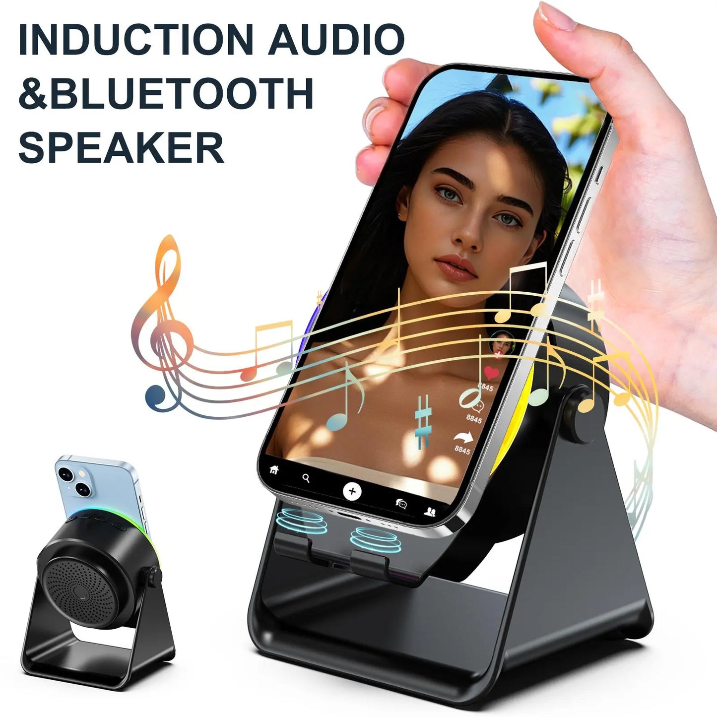Dohelly 5 in 1 Wireless Induction Audio Bluetooth Speaker, 360° Rotation Stand with LED, Universal Speaker Stands for Surround Sound&Charger,Portable Desktop Stand Gift for Home, Shower, Outdoors, Travel.