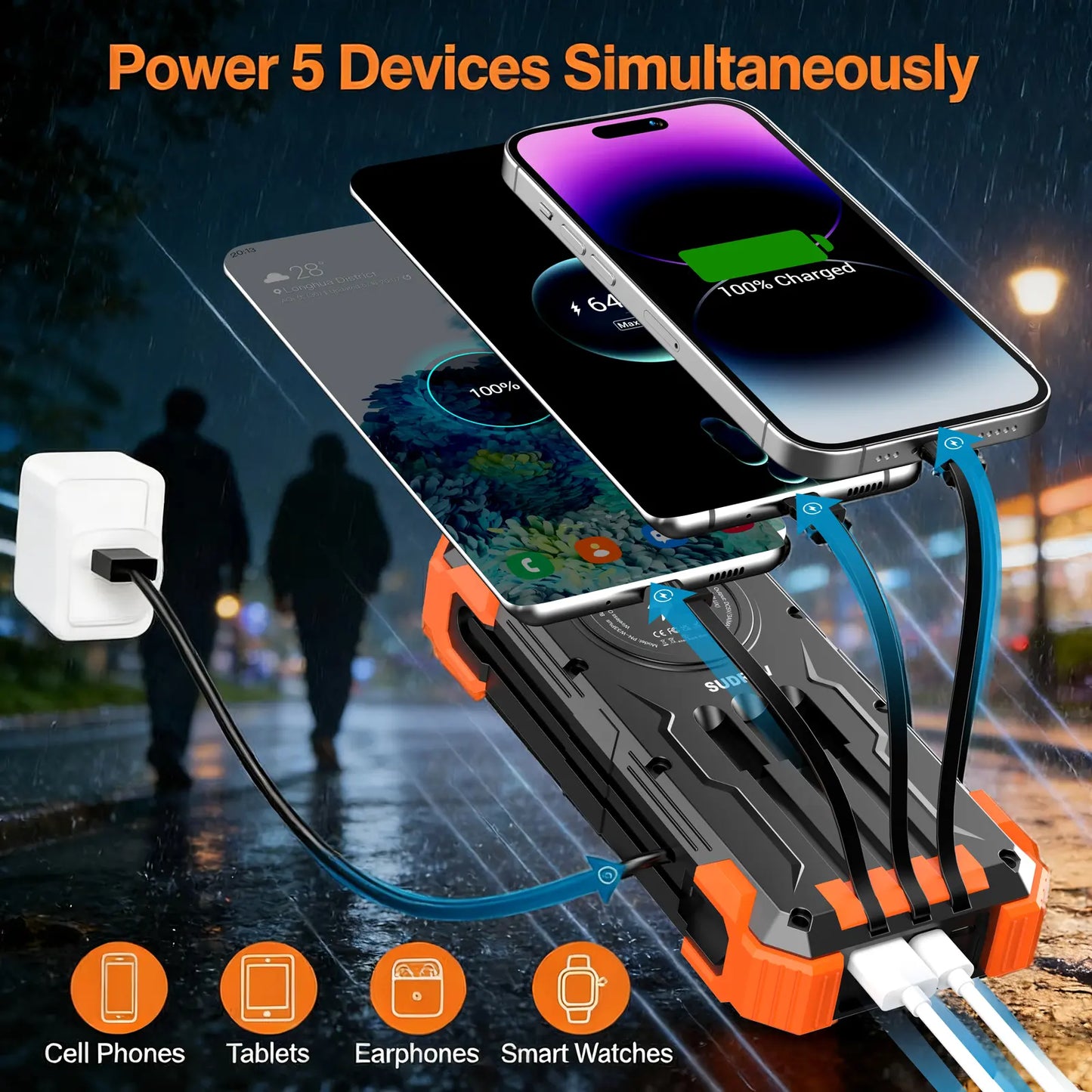 Sudrov 42800mAh Solar Power Bank with Wireless Charging, Integrated Cables, Multiple Outputs, Fast Charging, Dual Flashlights, Carabiner, and Thermometer