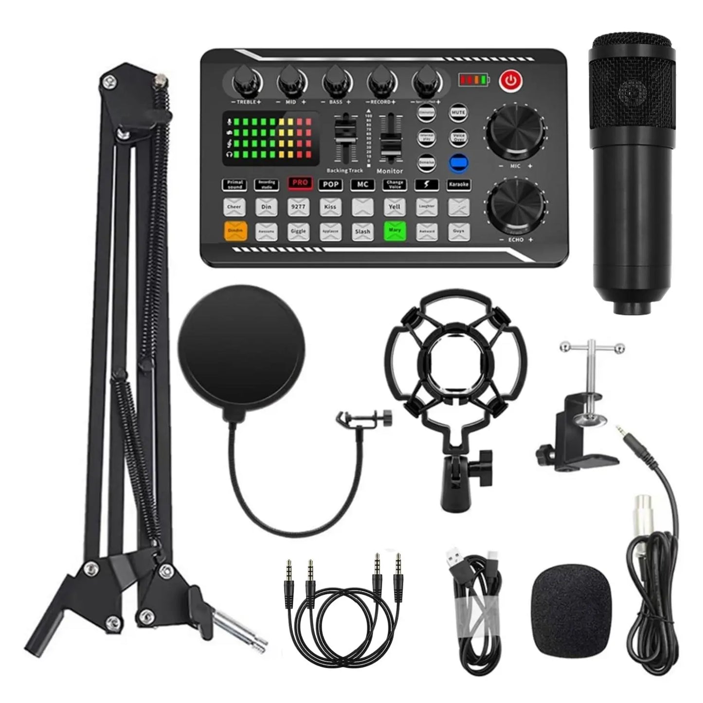 Podcast Equipment Bundle (1 Set), Usb-Rechargeable Podcast Microphone with Voice Changer, Live Audio Mixer and Adjustable Condenser Mic, Recording Studio Package with USB Audio Interface and Headphones, Singing Mic