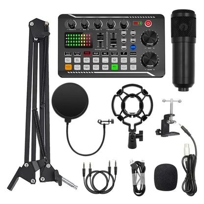Podcast Equipment Bundle (1 Set), Usb-Rechargeable Podcast Microphone with Voice Changer, Live Audio Mixer and Adjustable Condenser Mic, Recording Studio Package with USB Audio Interface and Headphones, Singing Mic