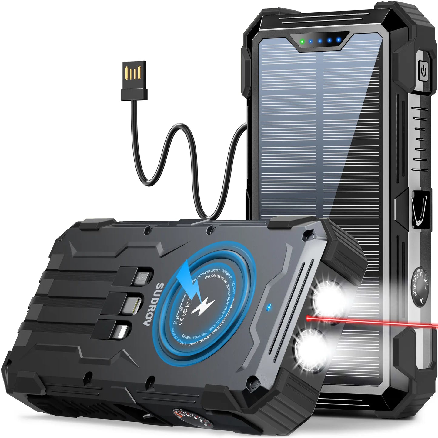 Sudrov 42800mAh Solar Power Bank with Wireless Charging, Integrated Cables, Multiple Outputs, Fast Charging, Dual Flashlights, Carabiner, and Thermometer