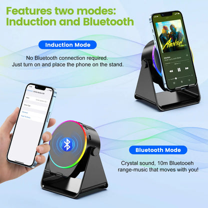 Dohelly 5 in 1 Wireless Induction Audio Bluetooth Speaker, 360° Rotation Stand with LED, Universal Speaker Stands for Surround Sound&Charger,Portable Desktop Stand Gift for Home, Shower, Outdoors, Travel.
