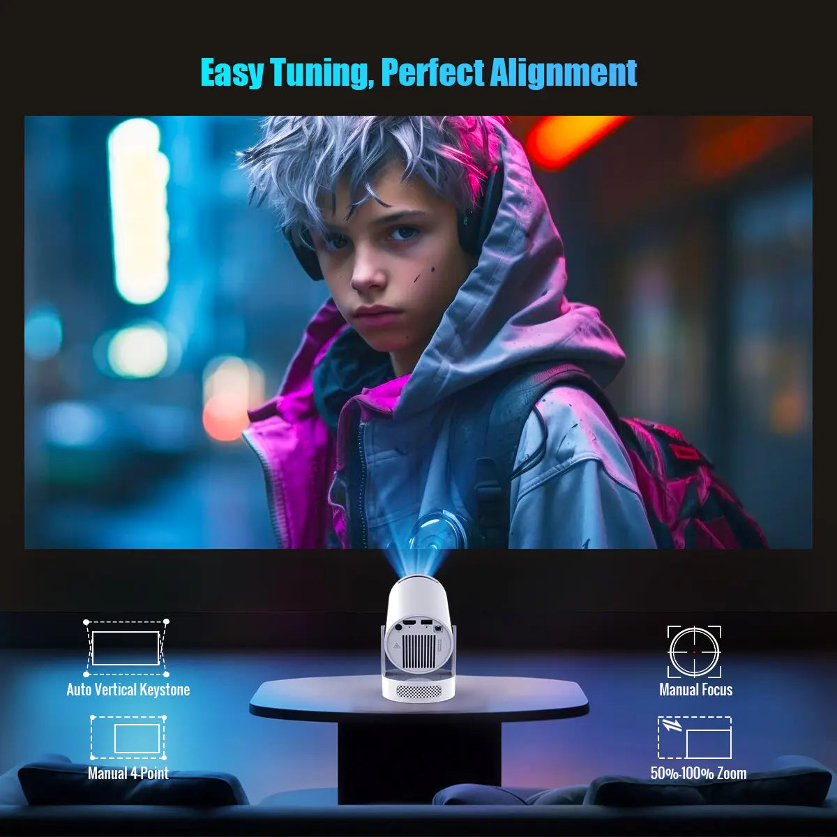 Hy300Pro+ Mini Projector - 290 ANSI Lumens, Auto Keystone Correction, Dual-Band WiFi 6, Bluetooth 5.4, Android 14, 1280x720P with 4K Decoding for Home Cinema - Portable Movie Theater Gift - 4K/1080P Audio Support