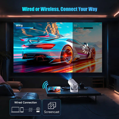 Hy300Pro+ Mini Projector - 290 ANSI Lumens, Auto Keystone Correction, Dual-Band WiFi 6, Bluetooth 5.4, Android 14, 1280x720P with 4K Decoding for Home Cinema - Portable Movie Theater Gift - 4K/1080P Audio Support