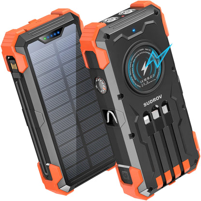 Sudrov 42800mAh Solar Power Bank with Wireless Charging, Integrated Cables, Multiple Outputs, Fast Charging, Dual Flashlights, Carabiner, and Thermometer