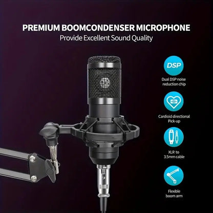 Podcast Equipment Bundle (1 Set), Usb-Rechargeable Podcast Microphone with Voice Changer, Live Audio Mixer and Adjustable Condenser Mic, Recording Studio Package with USB Audio Interface and Headphones, Singing Mic