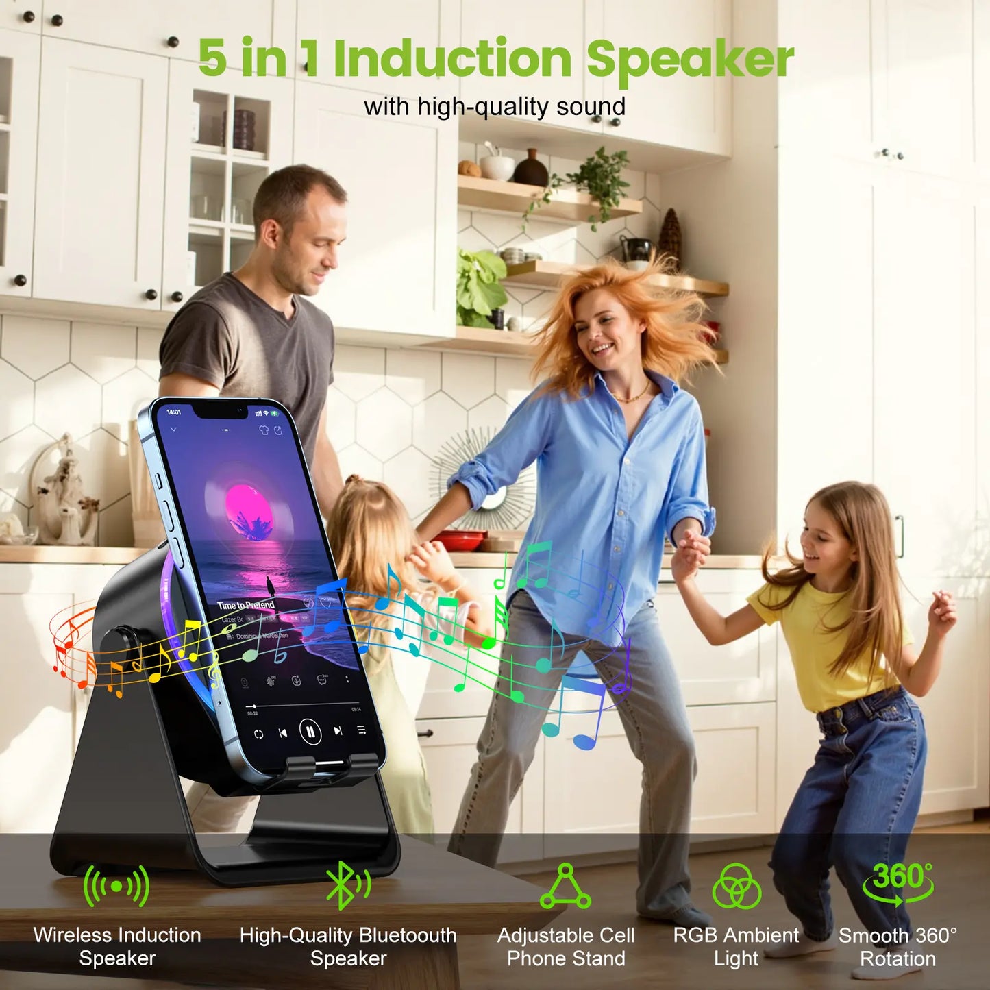 Dohelly 5 in 1 Wireless Induction Audio Bluetooth Speaker, 360° Rotation Stand with LED, Universal Speaker Stands for Surround Sound&Charger,Portable Desktop Stand Gift for Home, Shower, Outdoors, Travel.
