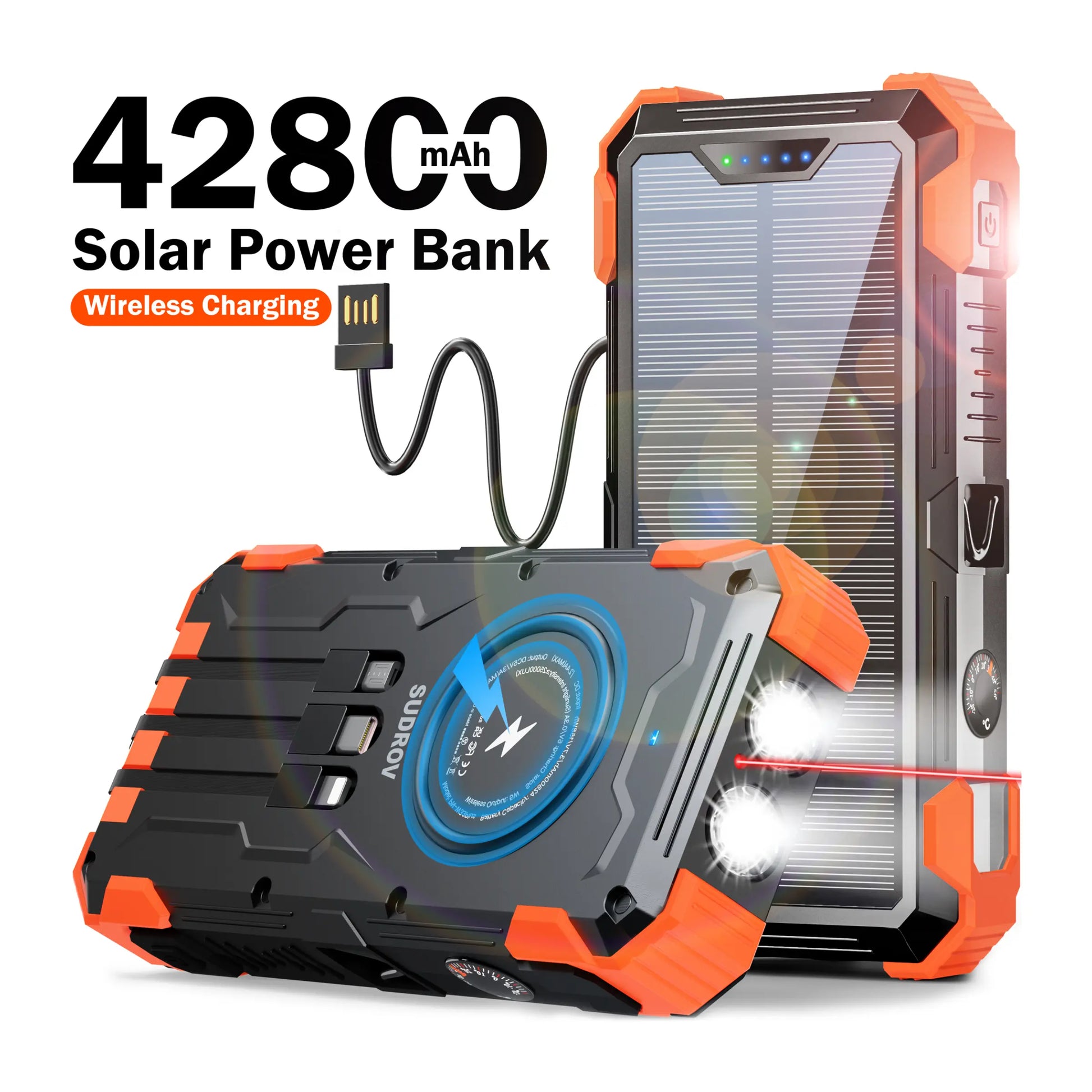 Sudrov 42800mAh Solar Power Bank with Wireless Charging, Integrated Cables, Multiple Outputs, Fast Charging, Dual Flashlights, Carabiner, and Thermometer