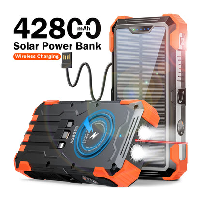 Sudrov 42800mAh Solar Power Bank with Wireless Charging, Integrated Cables, Multiple Outputs, Fast Charging, Dual Flashlights, Carabiner, and Thermometer