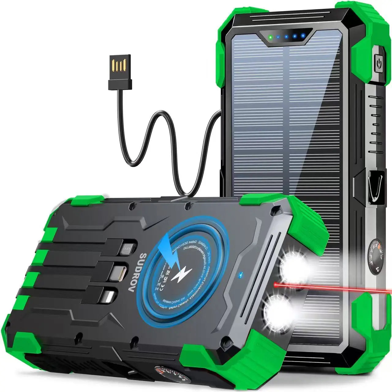 Sudrov 42800mAh Solar Power Bank with Wireless Charging, Integrated Cables, Multiple Outputs, Fast Charging, Dual Flashlights, Carabiner, and Thermometer