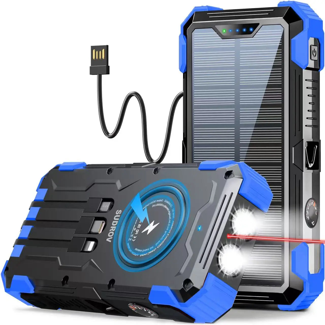 Sudrov 42800mAh Solar Power Bank with Wireless Charging, Integrated Cables, Multiple Outputs, Fast Charging, Dual Flashlights, Carabiner, and Thermometer