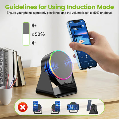 Dohelly 5 in 1 Wireless Induction Audio Bluetooth Speaker, 360° Rotation Stand with LED, Universal Speaker Stands for Surround Sound&Charger,Portable Desktop Stand Gift for Home, Shower, Outdoors, Travel.