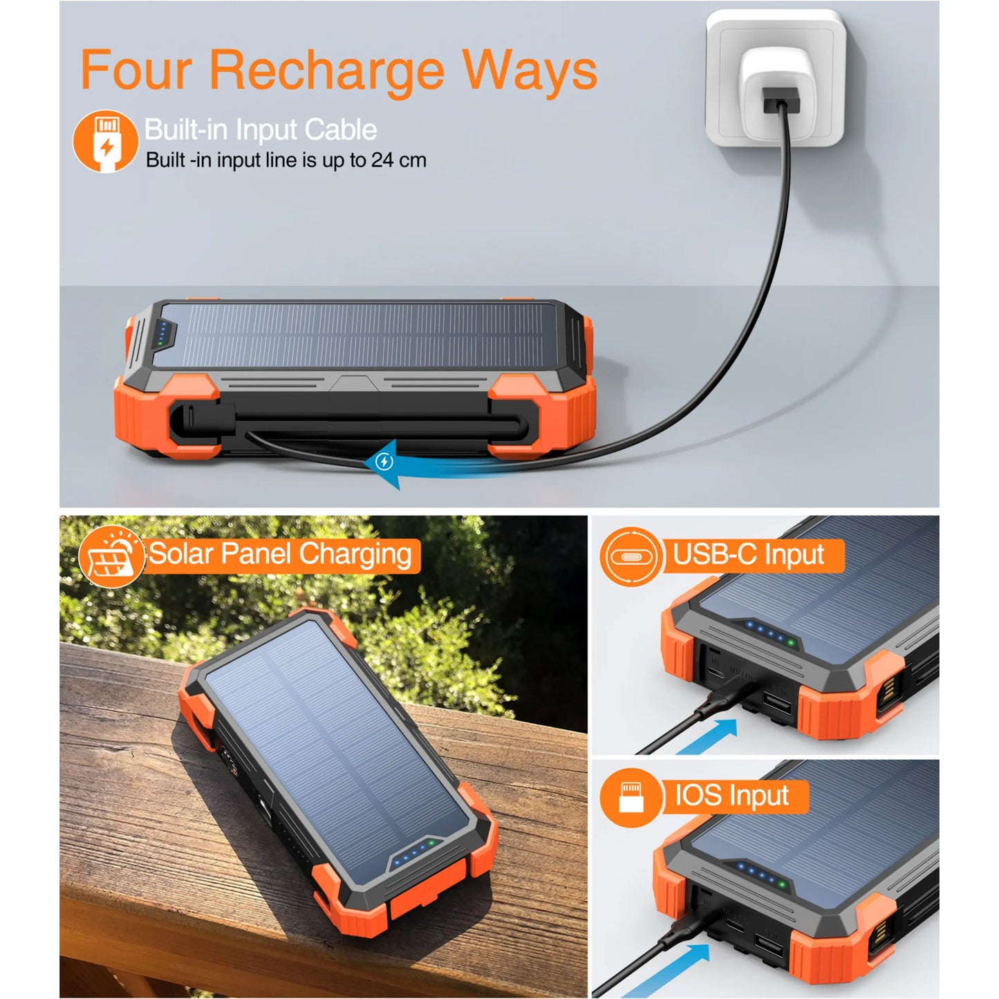 Sudrov 42800mAh Solar Power Bank with Wireless Charging, Integrated Cables, Multiple Outputs, Fast Charging, Dual Flashlights, Carabiner, and Thermometer