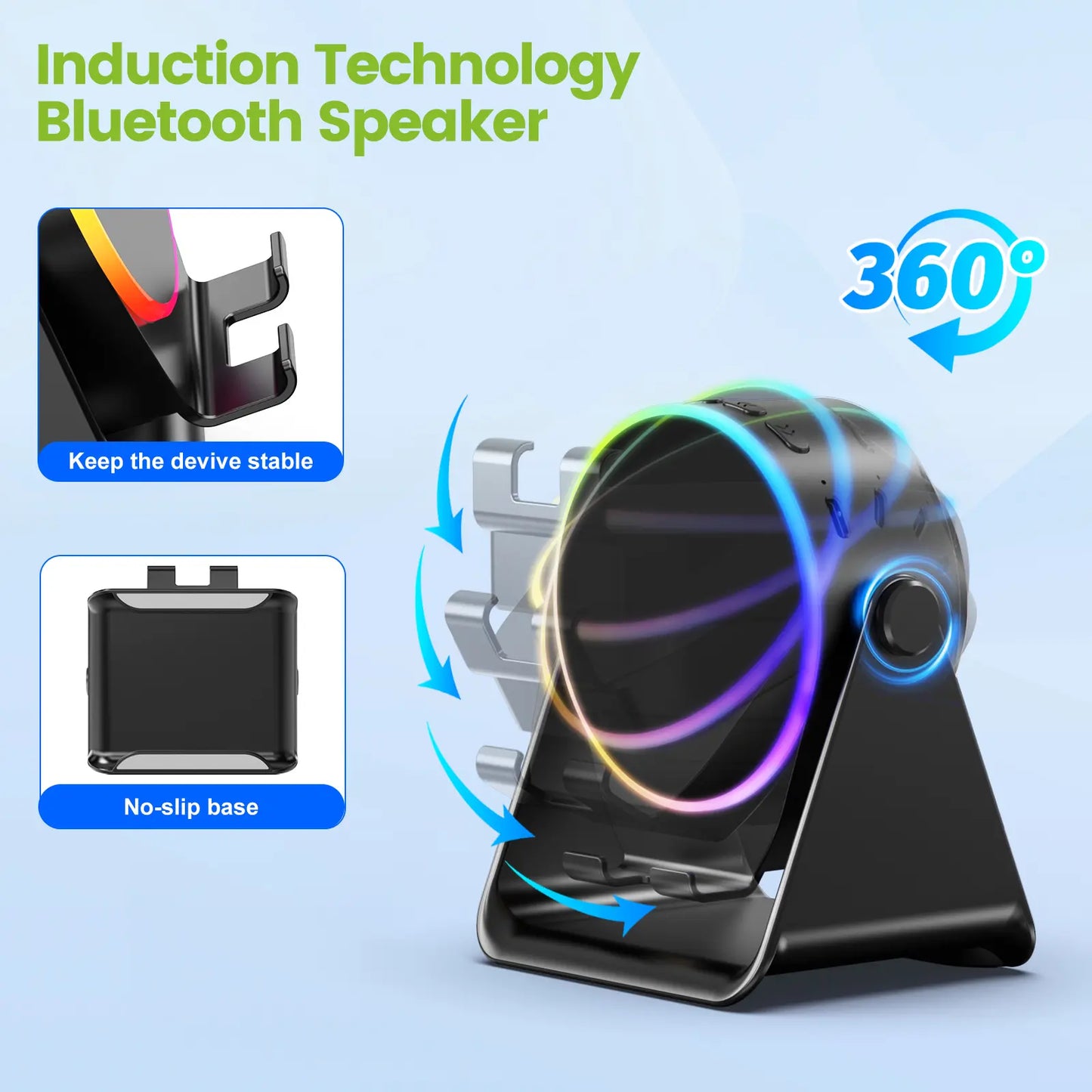 Dohelly 5 in 1 Wireless Induction Audio Bluetooth Speaker, 360° Rotation Stand with LED, Universal Speaker Stands for Surround Sound&Charger,Portable Desktop Stand Gift for Home, Shower, Outdoors, Travel.