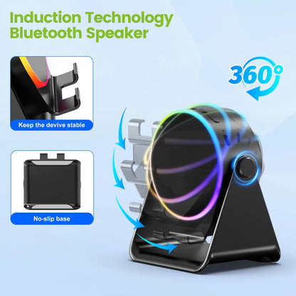 Dohelly 5 in 1 Wireless Induction Audio Bluetooth Speaker, 360° Rotation Stand with LED, Universal Speaker Stands for Surround Sound&Charger,Portable Desktop Stand Gift for Home, Shower, Outdoors, Travel.