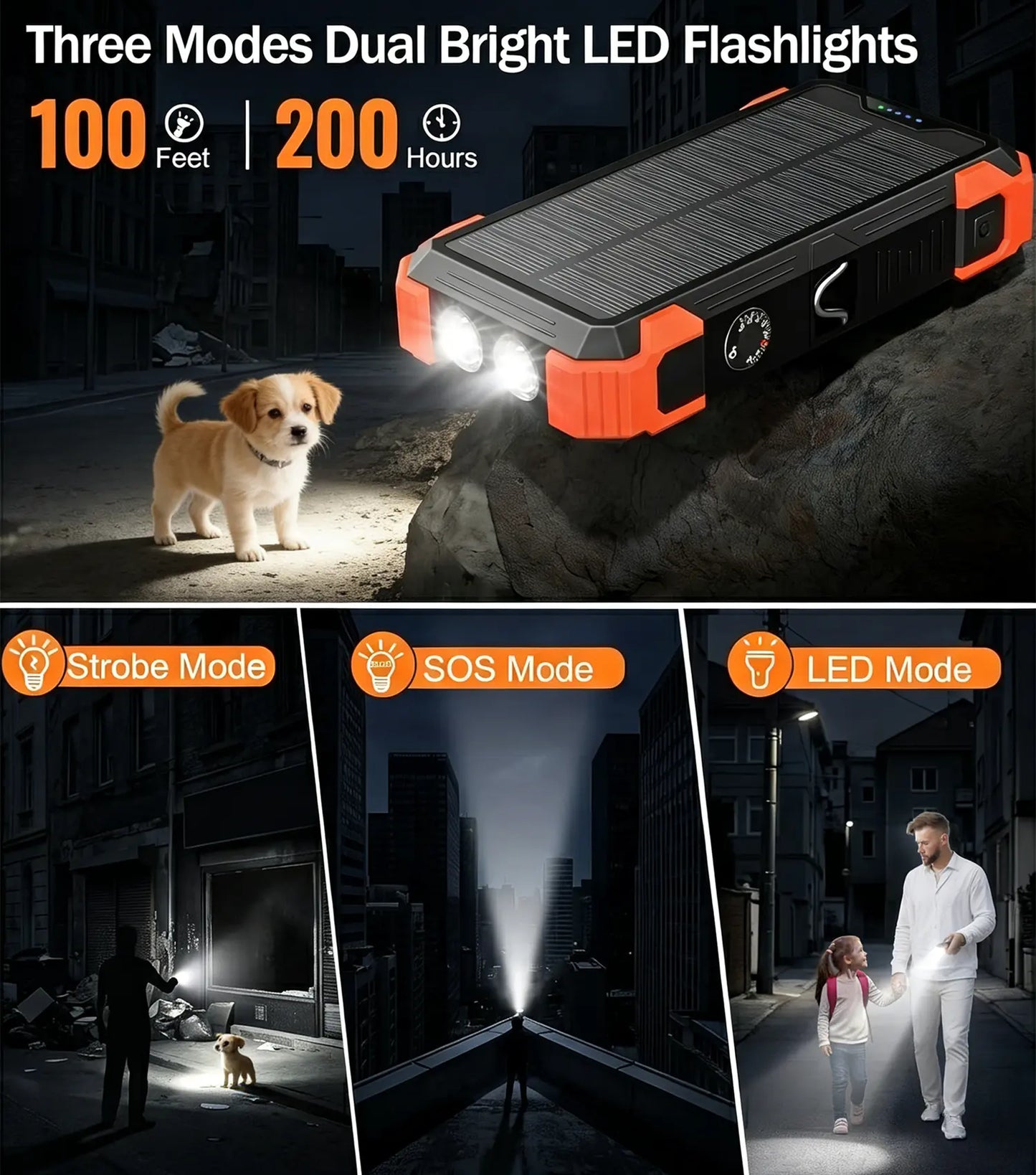 Sudrov 42800mAh Solar Power Bank with Wireless Charging, Integrated Cables, Multiple Outputs, Fast Charging, Dual Flashlights, Carabiner, and Thermometer