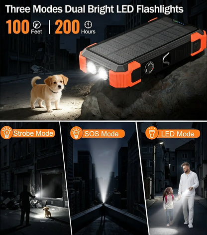 Sudrov 42800mAh Solar Power Bank with Wireless Charging, Integrated Cables, Multiple Outputs, Fast Charging, Dual Flashlights, Carabiner, and Thermometer