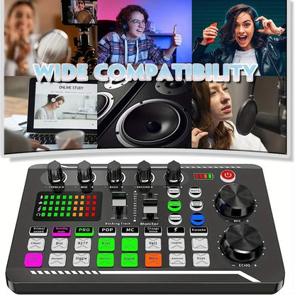 Podcast Equipment Bundle (1 Set), Usb-Rechargeable Podcast Microphone with Voice Changer, Live Audio Mixer and Adjustable Condenser Mic, Recording Studio Package with USB Audio Interface and Headphones, Singing Mic