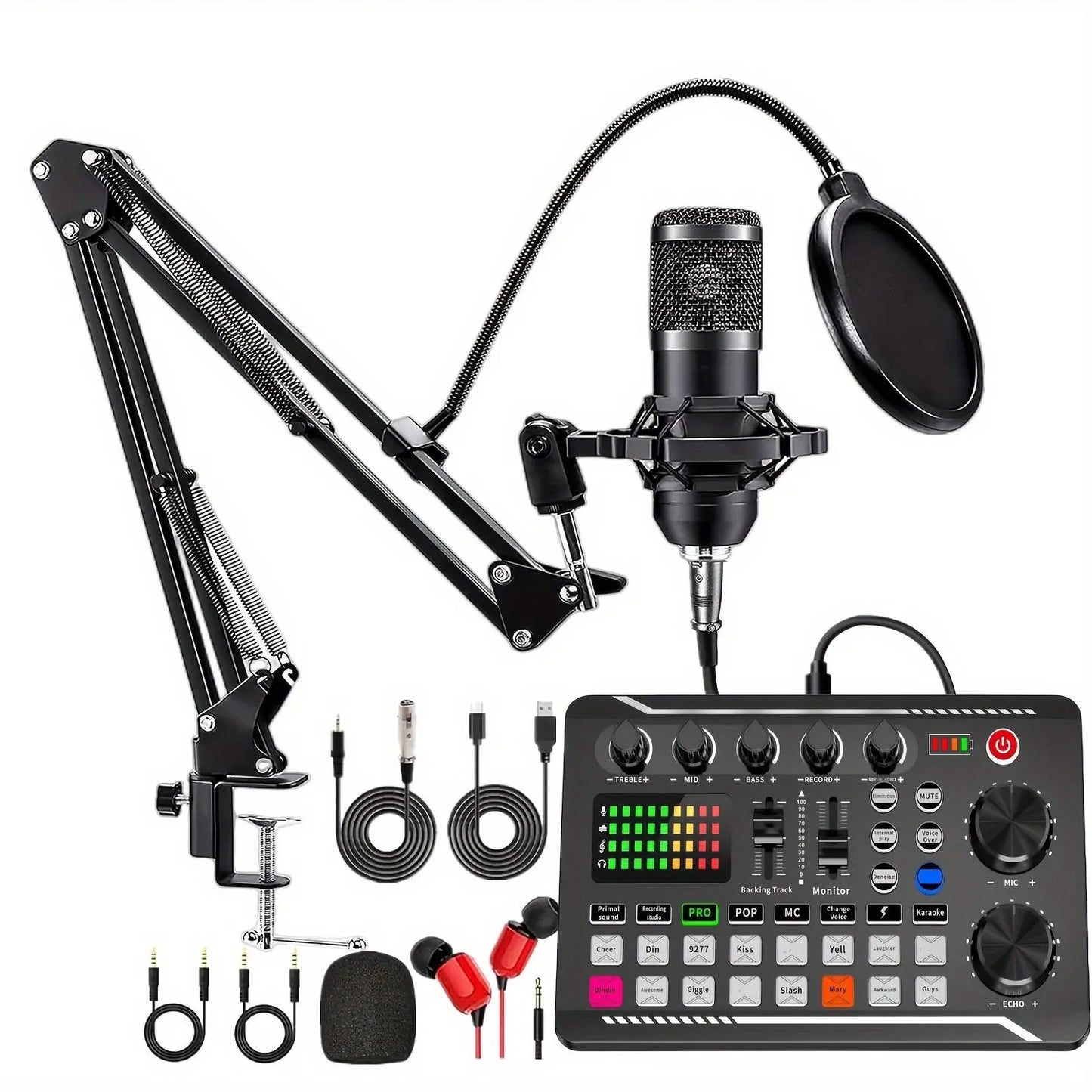 Podcast Equipment Bundle (1 Set), Usb-Rechargeable Podcast Microphone with Voice Changer, Live Audio Mixer and Adjustable Condenser Mic, Recording Studio Package with USB Audio Interface and Headphones, Singing Mic