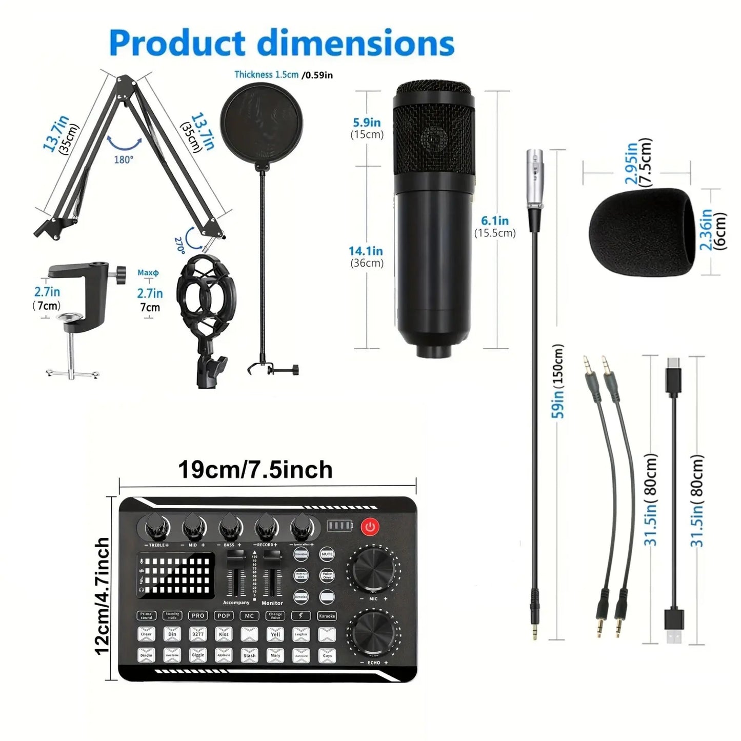 Podcast Equipment Bundle (1 Set), Usb-Rechargeable Podcast Microphone with Voice Changer, Live Audio Mixer and Adjustable Condenser Mic, Recording Studio Package with USB Audio Interface and Headphones, Singing Mic